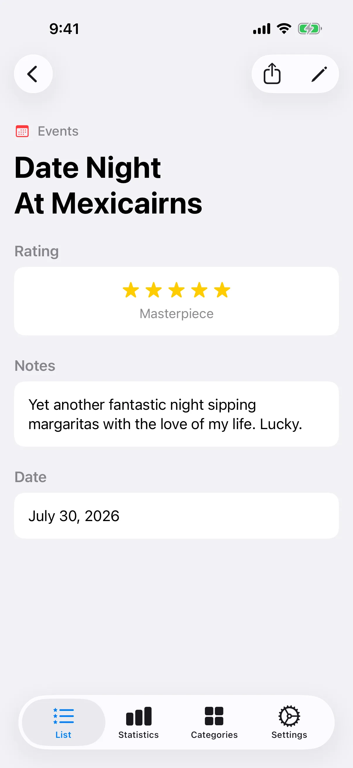Item detail view with rating and notes